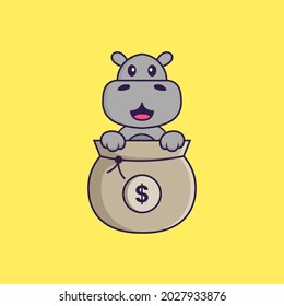 Cute hippopotamus playing in money bag. Animal cartoon concept isolated. Can used for t-shirt, greeting card, invitation card or mascot.