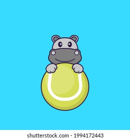 Cute hippopotamus playing tennis. Animal cartoon concept isolated. Can used for t-shirt, greeting card, invitation card or mascot.
