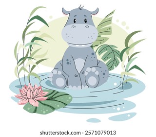 Cute hippopotamus in a pond with water lilies and reeds on a white background. Vector illustration of an African animal for a children's card, sticker, print, etc.