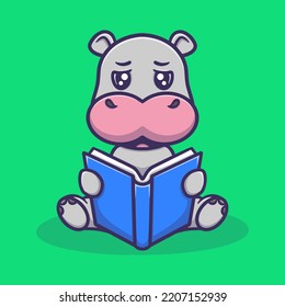 Cute hippopotamus reading book cartoon vector icon illustration for education