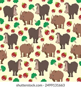 cute hippopotamus, rhinoceros with fruit and vegetables as a pattern background