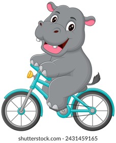 Ilustración linda del icono del vector del dibujo animado de la bicicleta del hipopótamo. Concepto de icono de deporte animal Vector Premium aislado