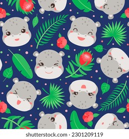 Cute hippopotamus seamless pattern. Kawaii hippo face chibi style. Cartoon safari animal head. Palm leaves. Tropical flowers. Summer repeat design for children fashion print, textile fabric, paper.