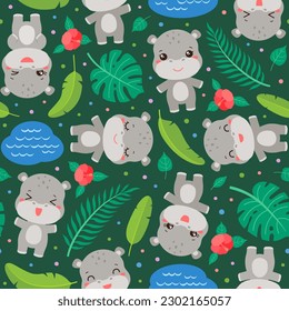 Cute hippopotamus seamless pattern. Kawaii hippo face chibi style. Cartoon safari animal head. Palm leaves. Tropical flowers. Summer repeat design for children fashion print, textile fabric, paper.
