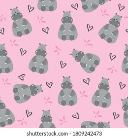 Cute Hippopotamus Seamless Pattern on pink backgound.
Good for wall paper, Baby room decor, textile print, wrapping paper, and gift design.