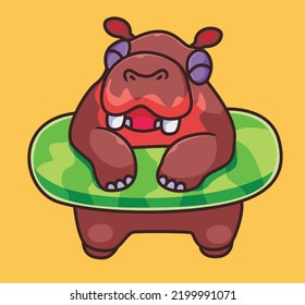 cute hippopotamus summer with lifebuoy watermelon. isolated cartoon animal illustration. Flat Style Sticker Icon Design Premium Logo vector. Mascot Character