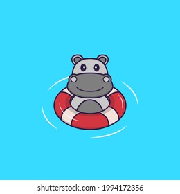 Cute hippopotamus is Swimming with a buoy. Animal cartoon concept isolated. Can used for t-shirt, greeting card, invitation card or mascot.