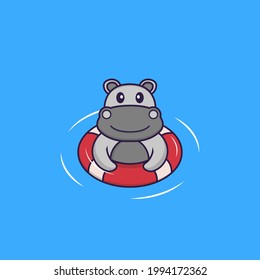 Cute hippopotamus is Swimming with a buoy. Animal cartoon concept isolated. Can used for t-shirt, greeting card, invitation card or mascot.