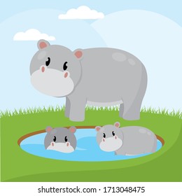 Cute hippopotamuses cartoon over a natural landscape cartoon - Vector