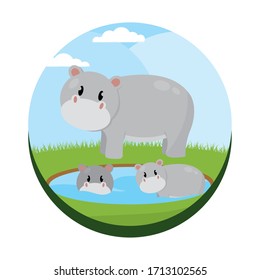 Cute hippopotamuses cartoon over a natural landscape cartoon - Vector