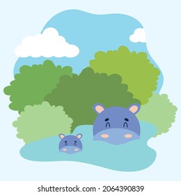 cute hippos in water illustration design