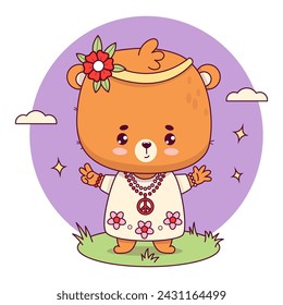 Linda chica de oso hippy. Divertido animal retro groovy kawaii carácter. Ilustración vectorial fresca en el estilo de moda de los años 70. Colección Kids