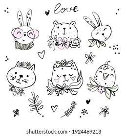 Cute hipster animals with spring flowers line illustration, bunny bear cat bird