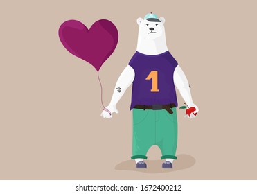 Cute hipster bear holding balloon. Character illustration.