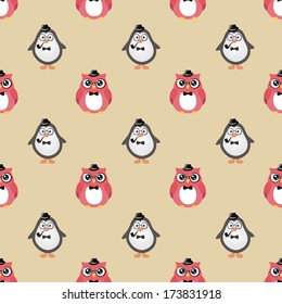 Cute Hipster Birds Vector  Seamless Background. Penguin Owl