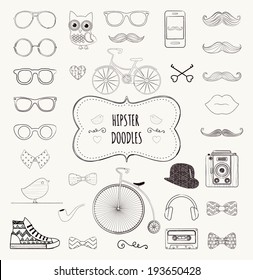 Cute Hipster Black and White Retro Vintage Doodle Icon Set. Vector Illustration