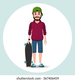 Cute Hipster Boy Character. Skater Guy With Longboard And A Cap.