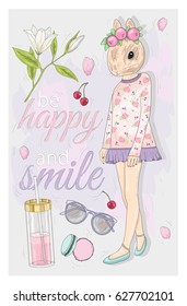 Cute hipster bunny. Vector fashion illustration with rabbit, glasses, macaroons, cherry and flowers.