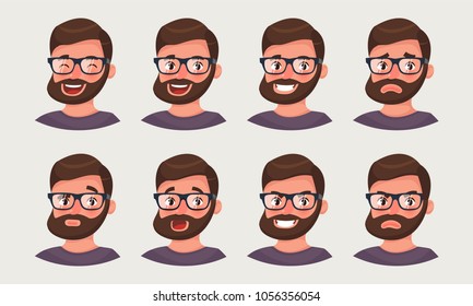 Cute hipster businessman showing different emotions. A bearded man office worker emoji. Vector illustration in cartoon style