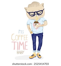 Cute hipster cartoon cat with coffee cup. Coffee time lettering. hand drawn vector illustration