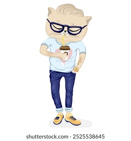 Cute hipster cartoon cat with coffee cup. hand drawn vector illustration