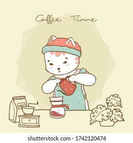 cute hipster cat barista in apron pouring drip coffee v 60, idea for greeting card, background, children stuff print, t shirt and nursery wallpaper