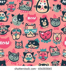 Cute hipster cat faces kitty pet head avatar emotion icons seamless pattern background vector illustration