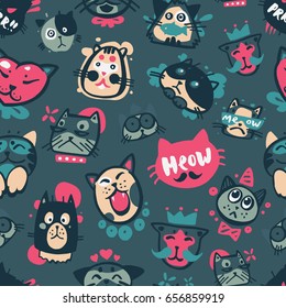 Cute hipster cat faces kitty pet head avatar emotion icons seamless pattern background vector illustration