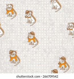 Cute Hipster Cats Seamless Pattern. Pets Retro Background. Vector Illustration