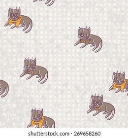 Cute Hipster Cats Seamless Pattern. Pets Retro Background. Vector Illustration