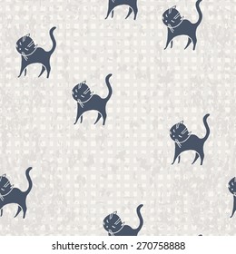 Cute Hipster Cats Seamless Pattern. Pets Retro Background. Vector Illustration