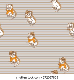 Cute Hipster Cats Seamless Pattern. Pets Retro Background. Vector Illustration