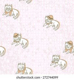 Cute Hipster Cats Seamless Pattern. Pets Retro Background. Vector Illustration