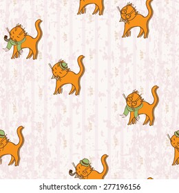 Cute Hipster Cats Seamless Pattern. Pets Retro Background. Vector Illustration