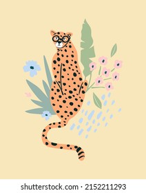 Cute hipster cheetah with flowers and tropical leaves. Wild cat background.
