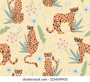 Cute hipster cheetah seamless pattern with flowers and palm leaf. Cute background for girls, baby or kids.