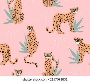 Cute hipster cheetah seamless pattern. Pink leopard tropical background. Perfect for creating fabrics, textiles, wrapping paper, packaging.