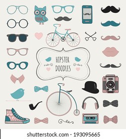 Cute Hipster Colorful Retro Vintage Doodle Icon Set. Vector Illustration