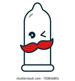 Cute hipster condom vector illustration. Simple flat icon with face and mustache for health care presentation and fight againts aids