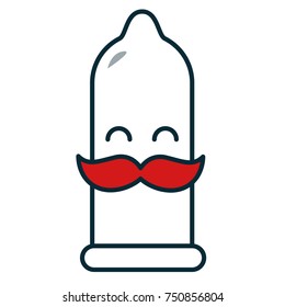 Cute hipster condom vector illustration. Simple flat icon with face and mustache for health care presentation and fight againts aids
