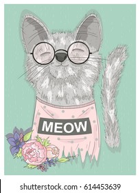 Cute hipster cool cat. Cat with glasses, t-shirt and flowers. 