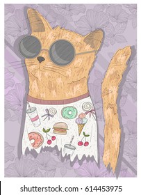 Cute hipster cool cat. Cat with sunglasses and fast food print t-shirt. 