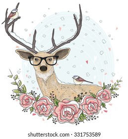 Cute hipster deer with glasses, flowers, and bird.