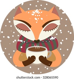 Cute hipster fox in stripped scarf with cup of coffee in winter, snowflackes fall down