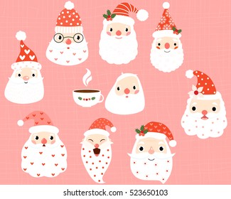 Cute, hipster and funny Santa heads and faces with hats and white beards with hearts and dots