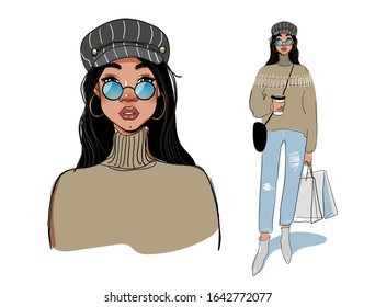 Cute hipster girl carries bag and coffee. Full-length portrait. Modern young woman goes shopping. Vector hand drawn doodle fashion illustration.