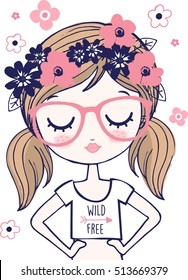 Cute Hipster Girl with Floral Crown and Glasses