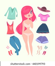 Cute hipster girl with pink hair is choosing clothes. Vector cartoon character.