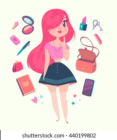 Cute hipster girl with pink hair is choosing accessories. Vector cartoon character.