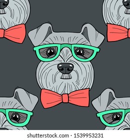 Cute hipster hand drawn vector seamless pattern sketching of schnauzer. Use for postcards, print for t-shirts, textile. Realistic animal portrait.